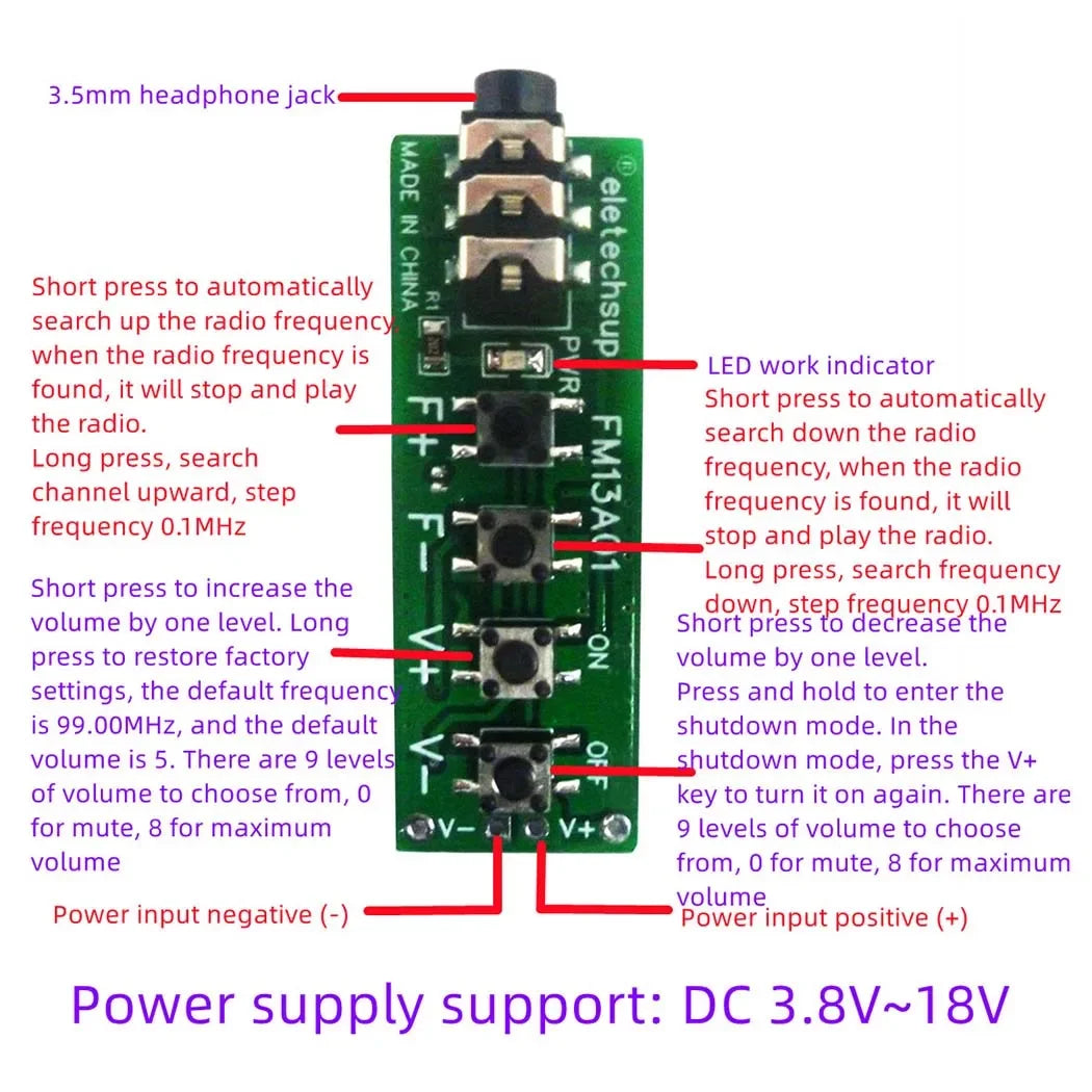 FM13A01 76-108MHz FM Dual Channel Stereo Radio Module RDA5807 Audio Receiver Board DC 3.7-18V for Earphone Headset Speaker
