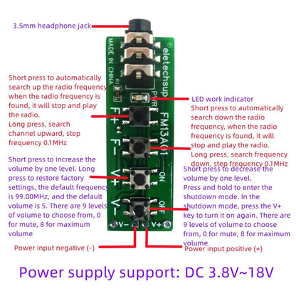 FM13A01 76-108MHz FM Dual Channel Stereo Radio Module RDA5807 Audio Receiver Board DC 3.7-18V for Earphone Headset Speaker