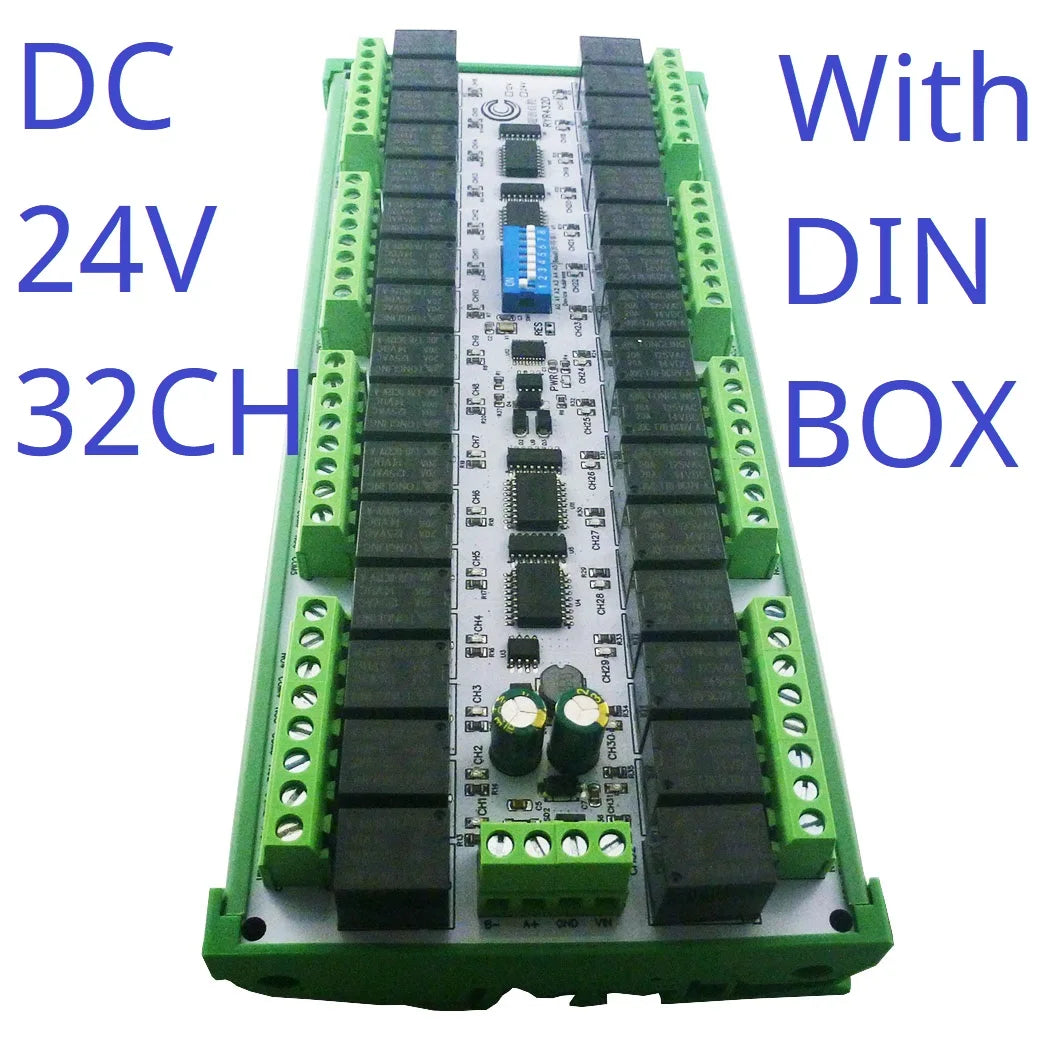 RYR432D Easy to Install DIN Rail Box DIP Switch Setup Parameters DC 12V 24V 20A 32CH Modbus RTU RS485 Relay Module RYR432D
