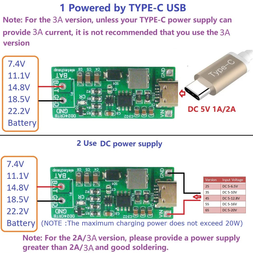 DD24CRTB 8.4V 12.6 16.8 21V 25.2V Step-up Boost Charger Module for 7.4V 11.1V 14.8V 18.5V 22.2V 18650 Battery Pack2-6S Type-c Multi-cell