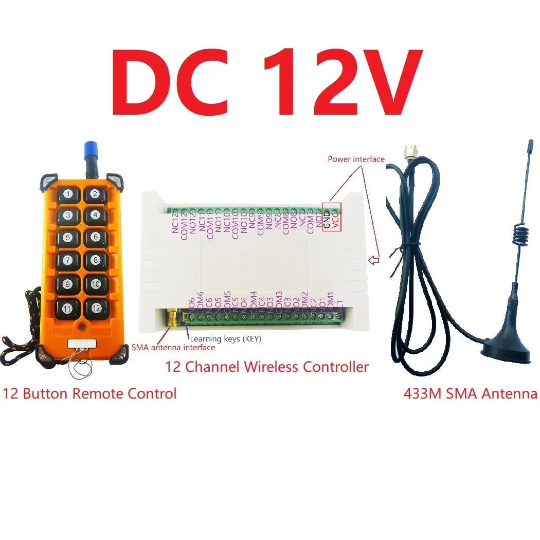 RF34C12 Wireless Rolling Code Relay Kit - 12ch 433M, Industrial Grade, for Garage Door, Smart Home - DC 12V 24V