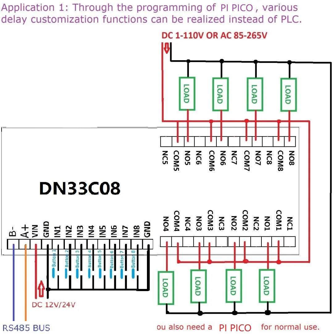 DN33C08 PICO2020 DC 12V 24V 8ch Multifunction Delay Timer RS485 Modbus Relay Module for Simple Open PLC Python C++