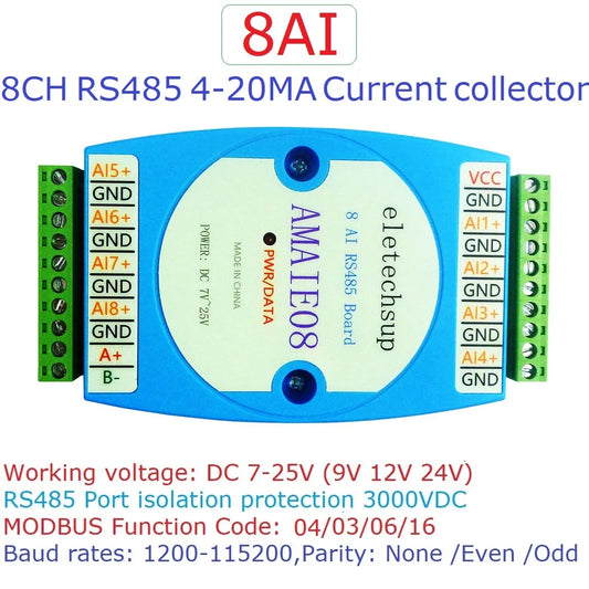 AMAIE08 8ch 12V-24V 4-20MA/0-20MA Current Collector Module RS485 MODBUS RTU Board for Shunt Hall fluxgate Pressure 2/3-wire Sensor