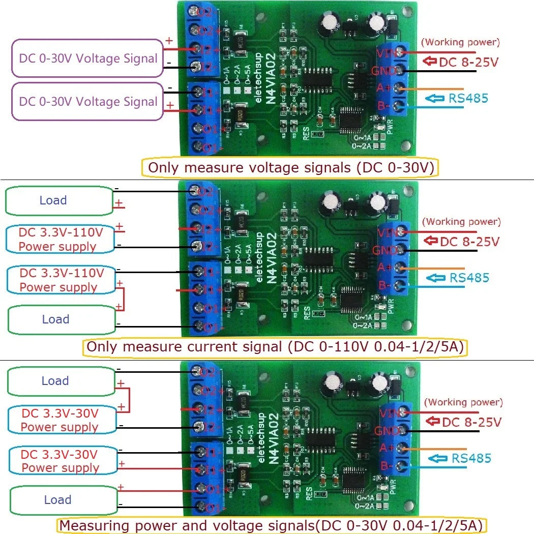 N4VIA02 Multifunctional RS485 Ammeter & Voltmeter 0-30V Voltage & 0-5A Current Measurement Module Modbus RTU