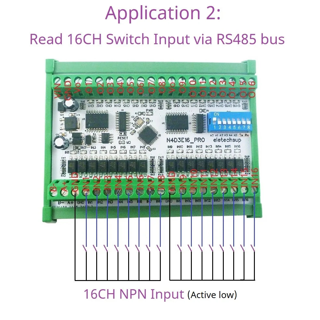 N4D3E16 16ch Bidirectional Full-duplex Transparent Transmission of Digital IO RS485 TVS Modbus RTU Module N4D3E16 Pro DIP Switch Board