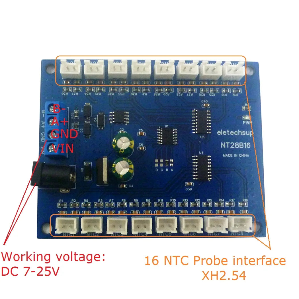 NT28B16 DC 12V 24V 16CH RS485 Temperature Collector Module Resistance measurement Multimeter 10K/20K/50K/100K B3950 NTC Sensor