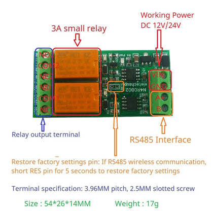 N4ROA01 N4ROB02 Mini Size 1/2CH Multifunction RS485/RS422 Relay Module 8 Commands ON OFF Momentary Self-locking Interlock Delay DC 12V/24V
