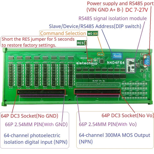 N4D4F64 DC 7-27V 64CH Multifunction Modbus DI-DO Module Isolate Input Darlington Output for PLC Relay HMI IC Tester Industrial Control