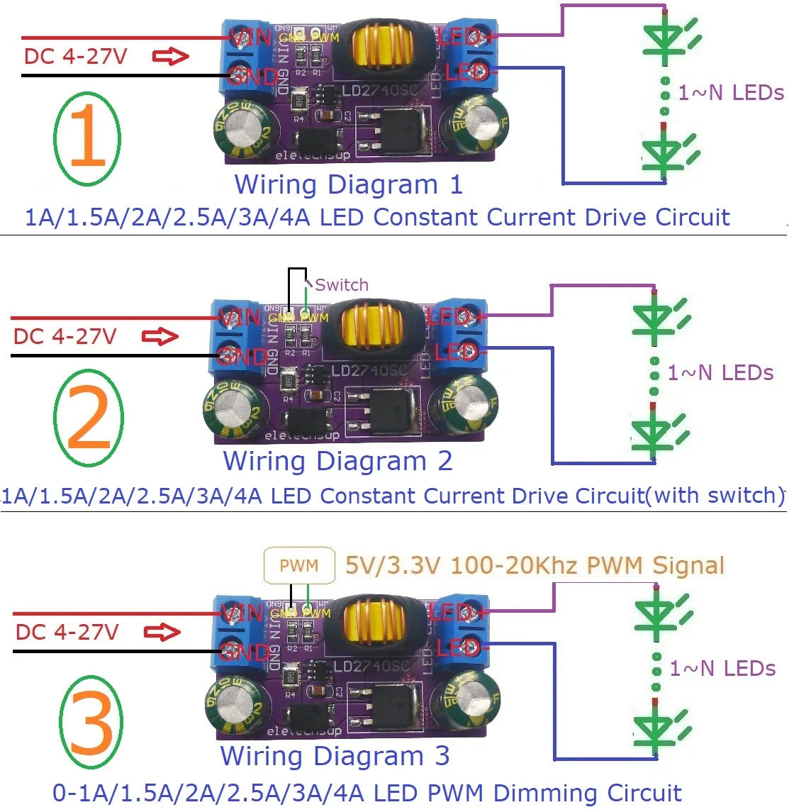 LD2740SC 1A/1.5A/2A/2.5A/3A/4A High-Power Constant-Current Step-Down LED Driver Board DC 4-27V for Automotive RCL DRL Fog Lights
