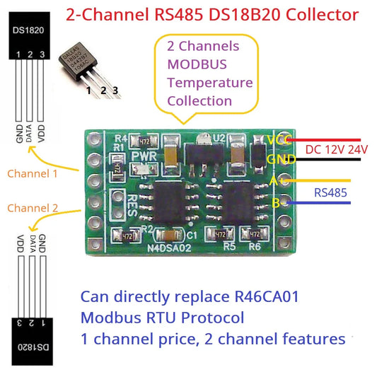 N4DSA02 2CH RS485 Digital Temperature Collector DS18B20 Sensor DC 5V 12V 24V Modbus Analog Input IO for Thermostat Smart Home R46CA01