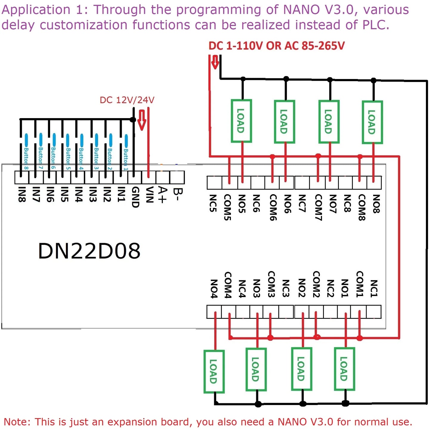 DN22D08 8CH DC 12V 24V Multifunction Delay Timer Switch Board RS485 PLC IO Expanding Module For Arduino NANO V3.0