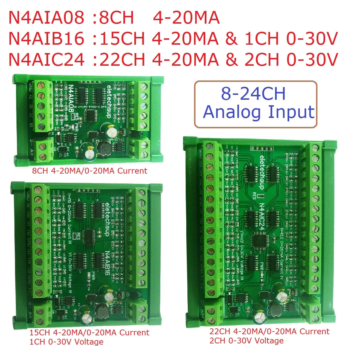 N4AIA08 N4AIB16 N4AIC24 22CH 4-20MA Current & 2CH 0-30V Voltage Input RS485 AI Module 24CH 12-bit ADC Collector Board MODBUS RTU PLC IO