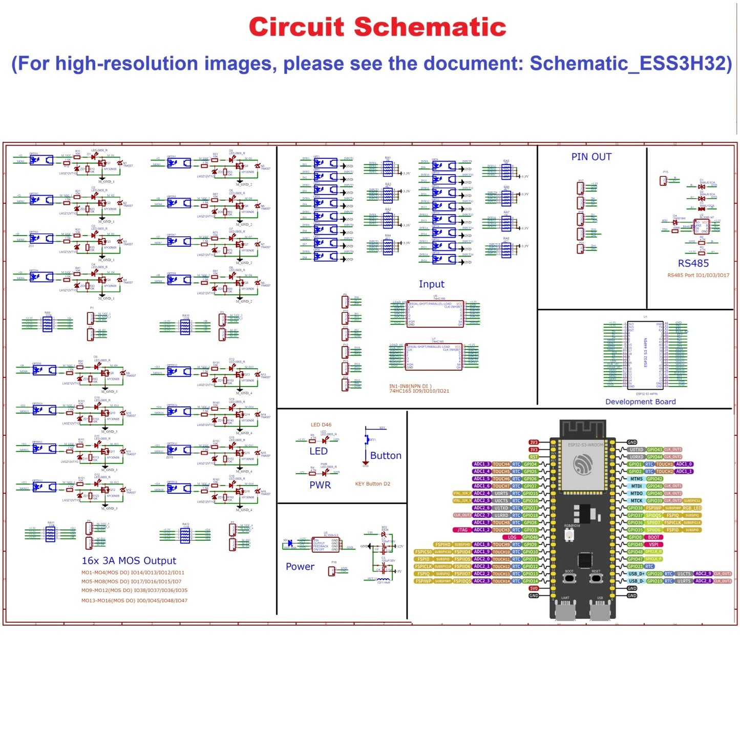 ESS3H32 16DI-16DO RS485 ESP32-S3 expansion board Wi Fi BLE 3A MOS PWM digital analog output solid-state relay module  44PIN ESP32 S3