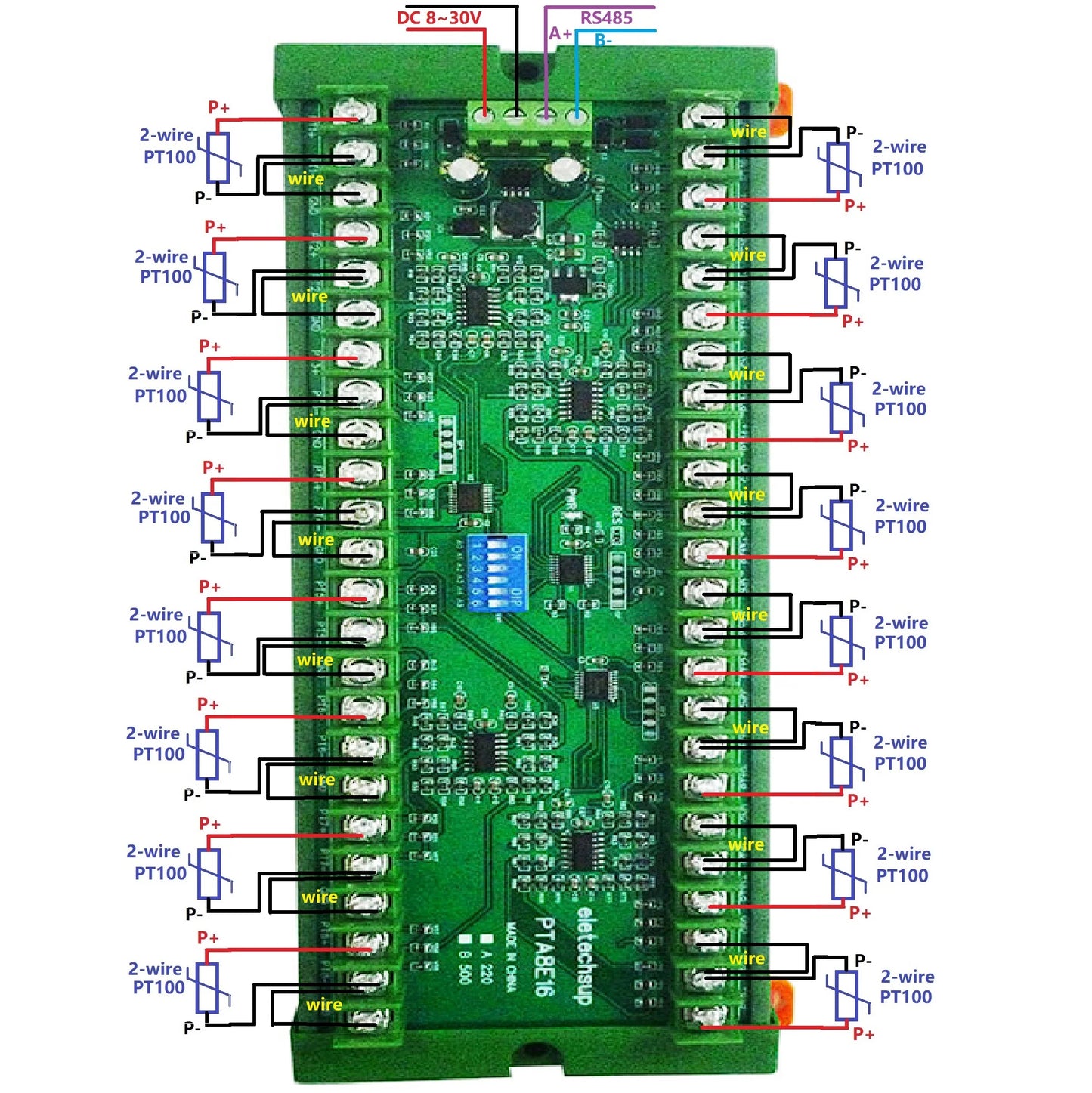 PTA8E16 16CH DC 12V 24V Temperature Analog PT100 Resistance RS485 Collector Modbus RTU -40-500 High Temperature Acquisition Board