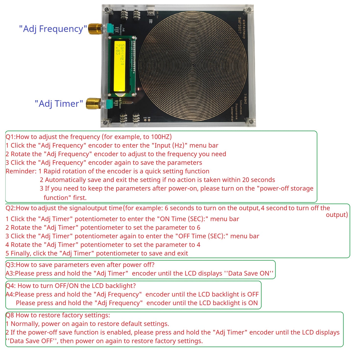 SMFSB07 7.83Hz Schumann Resonance Generator 0.01Hz-100kHz Adjustable 4 Outputs Timer 150mm Antenna for Meditation Biohacking 5V DC