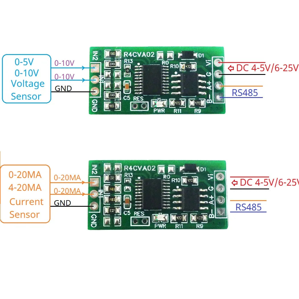 R4CVA02 Mini 2CH Modbus RTU RS485 A/D Converter for 4-20mA  0-5V 0-10V Input Signal 4-25VDC R4CVA02
