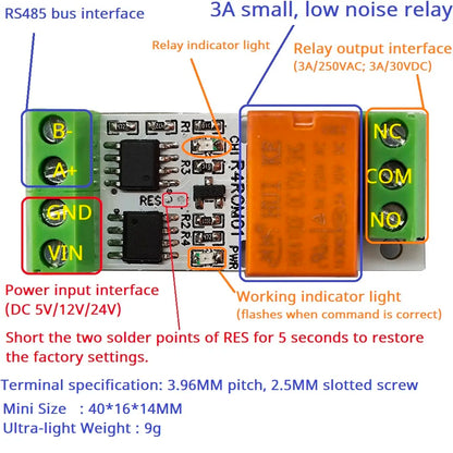 R4ROM01 3A Mini Size & Low Noise 5V 12V 24V RS485 Relay Board Modbus Rtu Remote IO 110V 120V 220V Small Electronic Switch