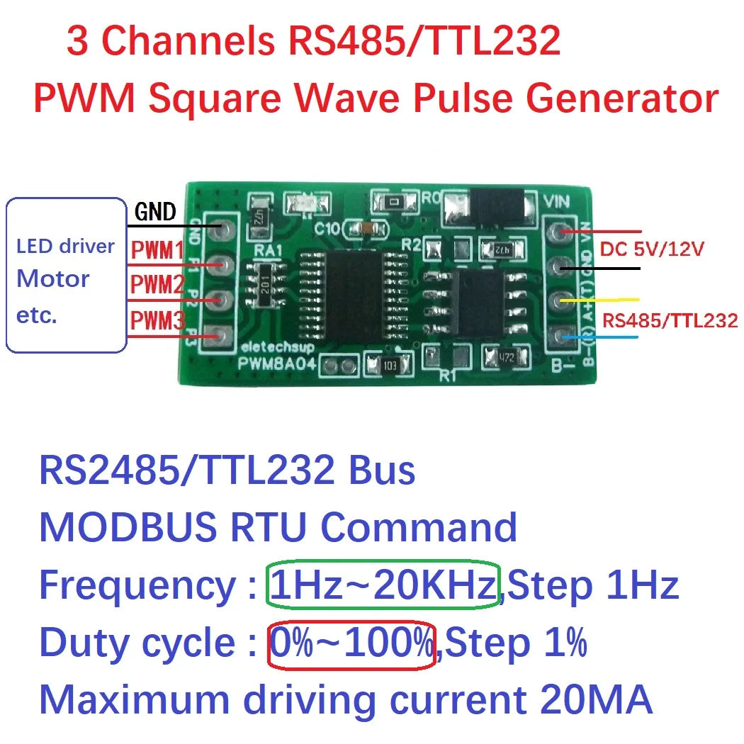 PWM8A04 3Ch RS485 to PWM Square Wave Pulse Generator 1Hz-20kHz Frequency Duty Cycle Adjustable DC 5V 12V