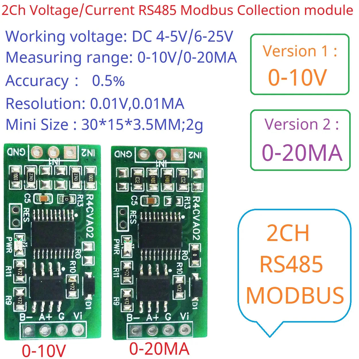 R4CVA02 Mini 2CH Modbus RTU RS485 A/D Converter for 4-20mA  0-5V 0-10V Input Signal 4-25VDC R4CVA02