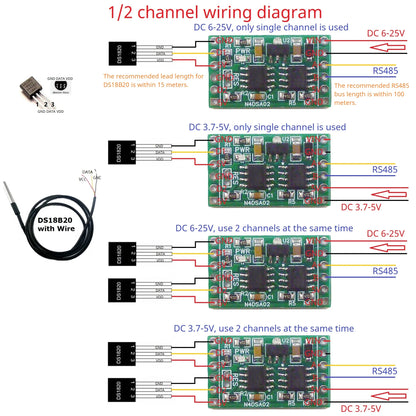 N4DSA02 2CH RS485 Digital Temperature Collector DS18B20 Sensor DC 5V 12V 24V Modbus Analog Input IO for Thermostat Smart Home R46CA01