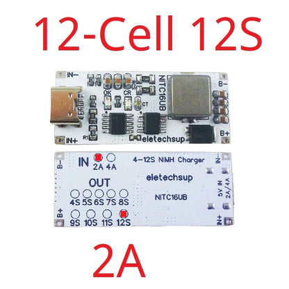 NITC16UB 2A/4A 4-12 Cell NIMH Charger Module TYPE-C DC 5V Boost BMS CC/CV NiCd for 4.8V 6V 7.2V 8.4V 9.6V 10.8V 12V 13.2V 14.4V Battery