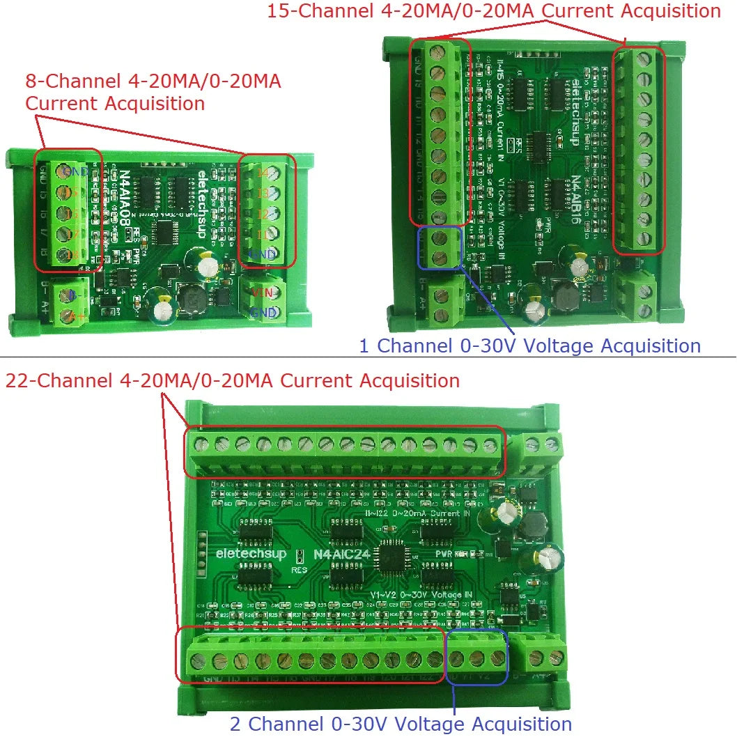 N4AIA08 N4AIB16 N4AIC24 22CH 4-20MA Current & 2CH 0-30V Voltage Input RS485 AI Module 24CH 12-bit ADC Collector Board MODBUS RTU PLC IO