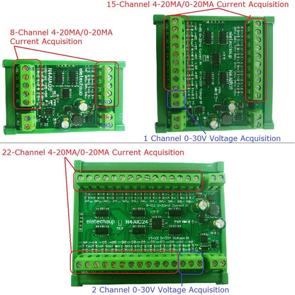 N4AIA08 N4AIB16 N4AIC24 22CH 4-20MA Current & 2CH 0-30V Voltage Input RS485 AI Module 24CH 12-bit ADC Collector Board MODBUS RTU PLC IO