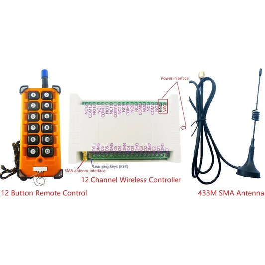 RF34C12 Wireless Rolling Code Relay Kit - 12ch 433M, Industrial Grade, for Garage Door, Smart Home - DC 12V 24V