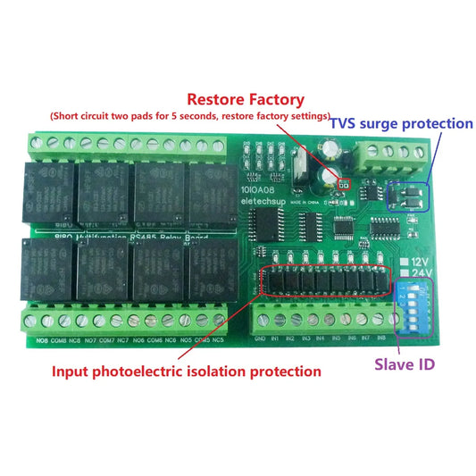 10IOA08 DC 12V 24V 8DI 8DO Multifunction RS485 Modbus RTU Relay Module Support 01 05 15 02 03 06 16 Function Code Switch Control Board