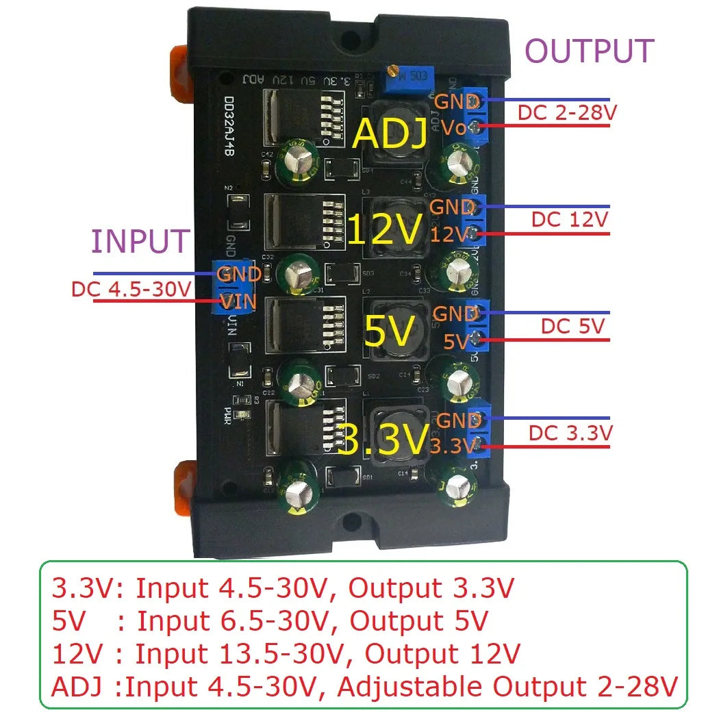 DD32AJ4B 4CH 3A 3.3V 5V 12V ADJ DC DC Buck Converter Module Multiple Switching Power Supply with DIN Rail Case for PLC UPS Power Bank