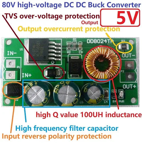 DD8024TA High-Voltage EBike DC-DC Converter Buck Step-Down Regulator Module 80V 72V 64V 60V 48V 36V 24V to 15V 12V 9V 6V 5V 3.3V