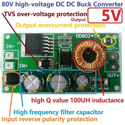 DD8024TA High-Voltage EBike DC-DC Converter Buck Step-Down Regulator Module 80V 72V 64V 60V 48V 36V 24V to 15V 12V 9V 6V 5V 3.3V
