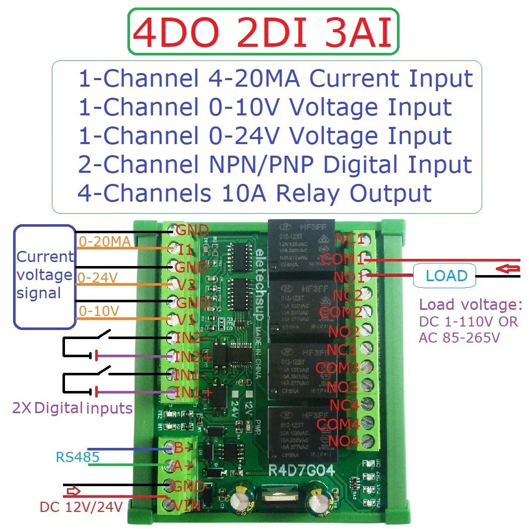 R4D7G04 Multifunction Relay Module with RS485 Modbus RTU for 4-20MA 0-10V Current Voltage Collection