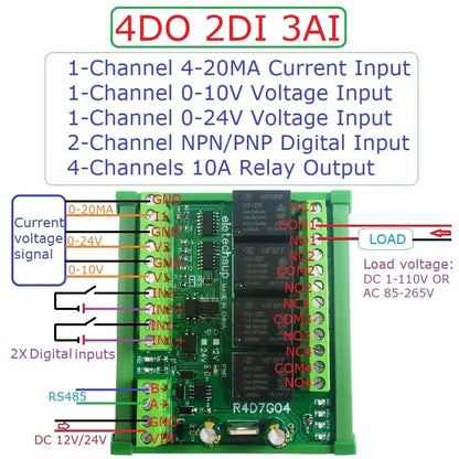 R4D7G04 Multifunction Relay Module with RS485 Modbus RTU for 4-20MA 0-10V Current Voltage Collection