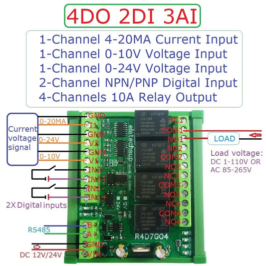 R4D7G04 Multifunction Relay Module with RS485 Modbus RTU for 4-20MA 0-10V Current Voltage Collection
