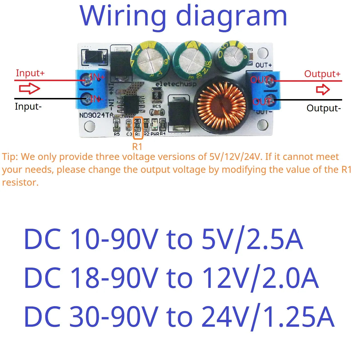 ND9024TA 2.5A DC 10-90V to 5V 12V 24V DC-DC Converter High-Voltage Buck Regulator Module for Lion Lipo LiFePO4 Lead-acid Solar battery