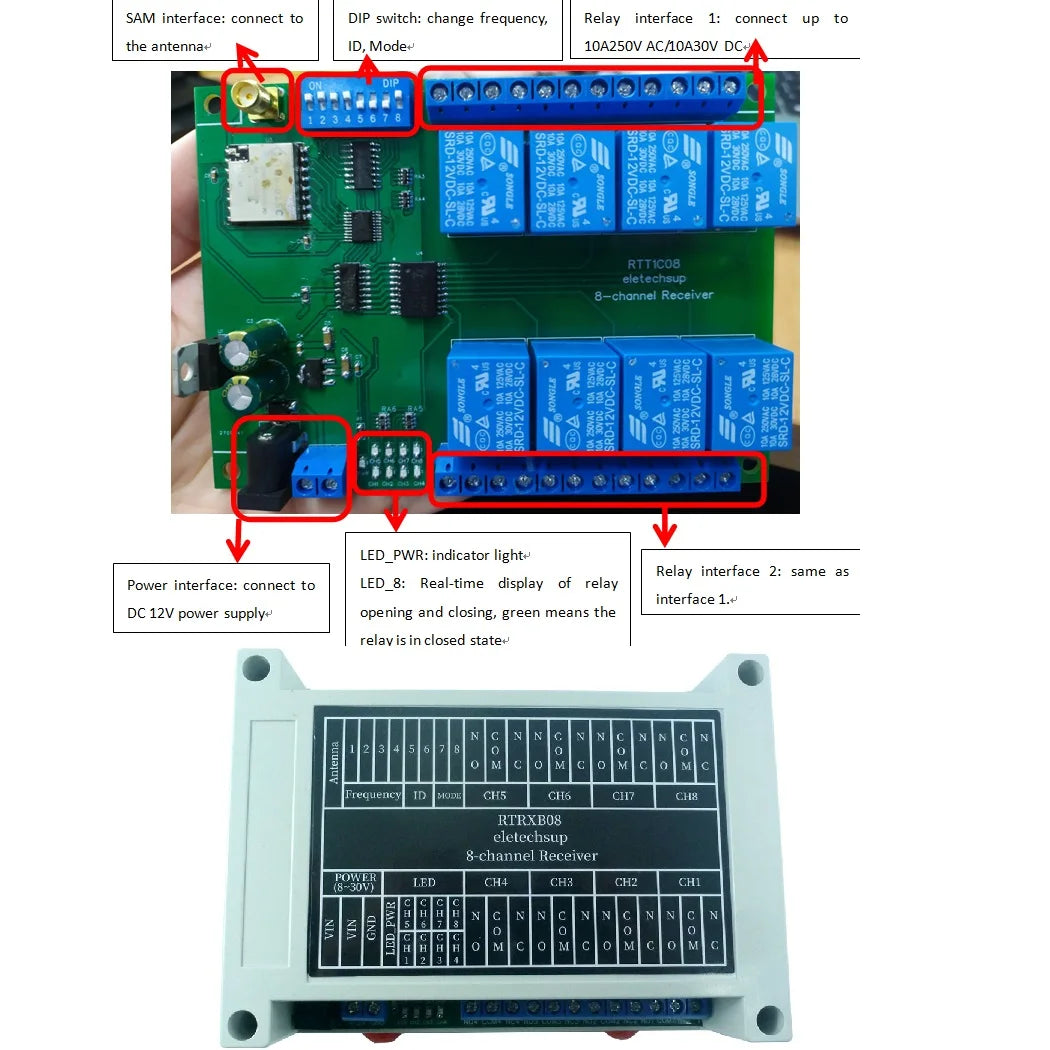 RTTXA08 RTRXB08 8CH 433M DC 12V Lora Bidirectional Remote IO Controller LED Feedback Indicator NPN In Relay Out Swicth Module Board