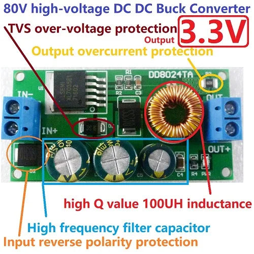 DD8024TA High-Voltage EBike DC-DC Converter Buck Step-Down Regulator Module 80V 72V 64V 60V 48V 36V 24V to 15V 12V 9V 6V 5V 3.3V