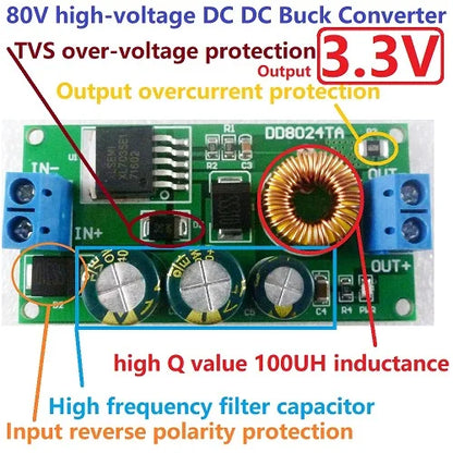DD8024TA High-Voltage EBike DC-DC Converter Buck Step-Down Regulator Module 80V 72V 64V 60V 48V 36V 24V to 15V 12V 9V 6V 5V 3.3V