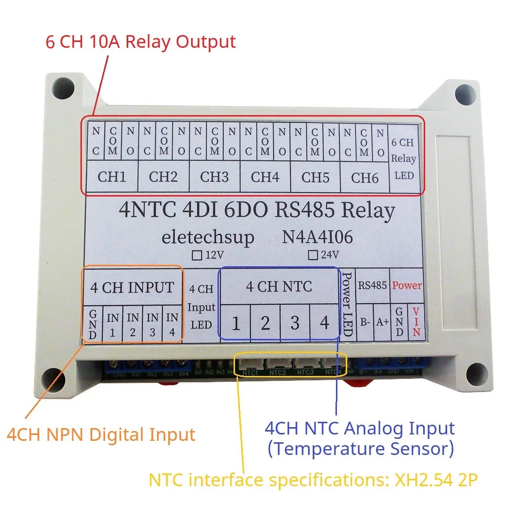 N4A4I06 14CH Multifunction RS485 Network Bus NTC Temperature Collector 4AI-4DI-6DO Modbus RTU PLC Remote IO Analog Digital Expander