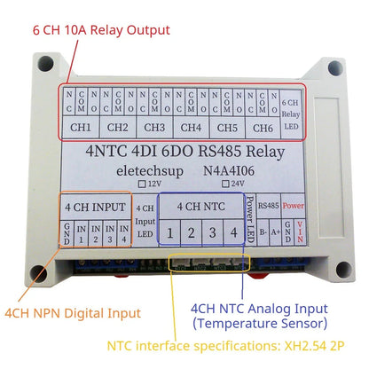 N4A4I06 14CH Multifunction RS485 Network Bus NTC Temperature Collector 4AI-4DI-6DO Modbus RTU PLC Remote IO Analog Digital Expander