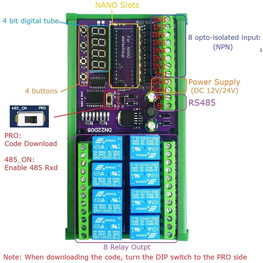 DN22D08 8CH DC 12V 24V Multifunction Delay Timer Switch Board RS485 PLC IO Expanding Module For Arduino NANO V3.0