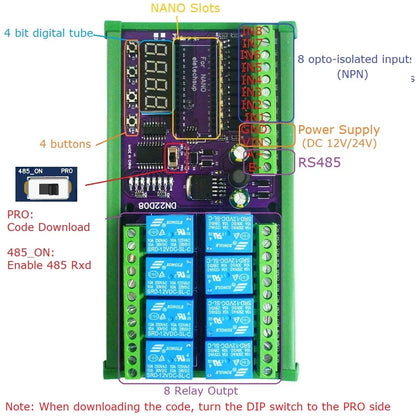 DN22D08 8CH DC 12V 24V Multifunction Delay Timer Switch Board RS485 PLC IO Expanding Module For Arduino NANO V3.0
