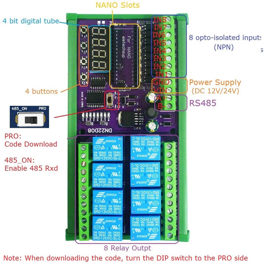 DN22D08 8CH DC 12V 24V Multifunction Delay Timer Switch Board RS485 PLC IO Expanding Module For Arduino NANO V3.0