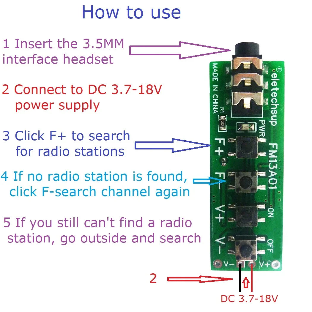 FM13A01 76-108MHz FM Dual Channel Stereo Radio Module RDA5807 Audio Receiver Board DC 3.7-18V for Earphone Headset Speaker
