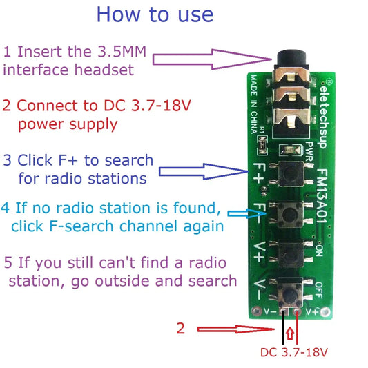 FM13A01 76-108MHz FM Dual Channel Stereo Radio Module RDA5807 Audio Receiver Board DC 3.7-18V for Earphone Headset Speaker