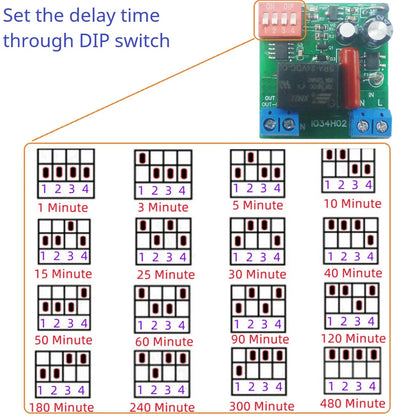 IO34H02 110V 120V 220V 50-60HZ AC Time Delay Relay DIP Switch to Set Time Switch for Light Fan Small Power Water Pump Automatic Door