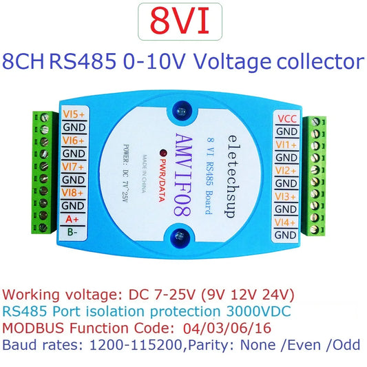 AMVIF08 8CH 0-10V Voltage Analog Input Module RS485 MODBUS RTU Communication ADC Board for shunt Hall fluxgate Pressure Sensor