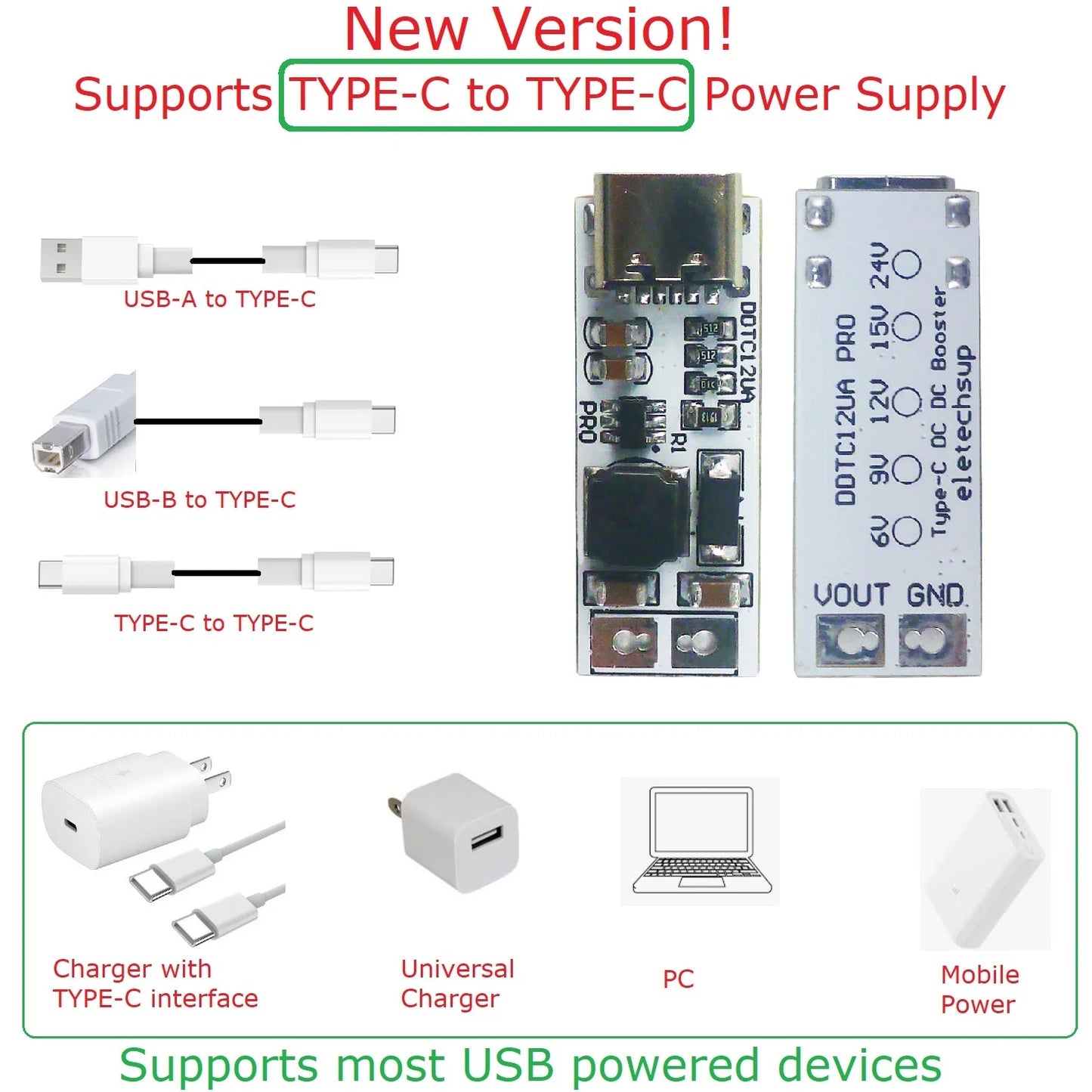 DDTC12UA_PRO Full Function Type-C PD QC USB 5V to 5V to 6V 9V 12V 15V 24V 9W DC-DC Boost Converter for Arduino Smart Home Speaker