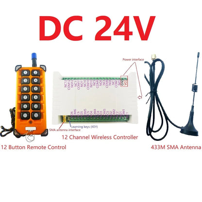 RF34C12 Wireless Rolling Code Relay Kit - 12ch 433M, Industrial Grade, for Garage Door, Smart Home - DC 12V 24V